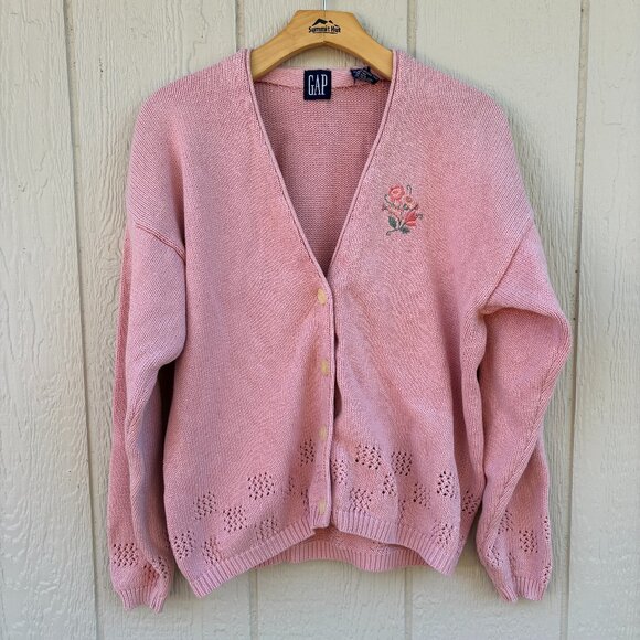 Vintage Gap Cardigan Women's Large Pink Cotton Knit Floral Grandma Cottagecore - Picture 1 of 9